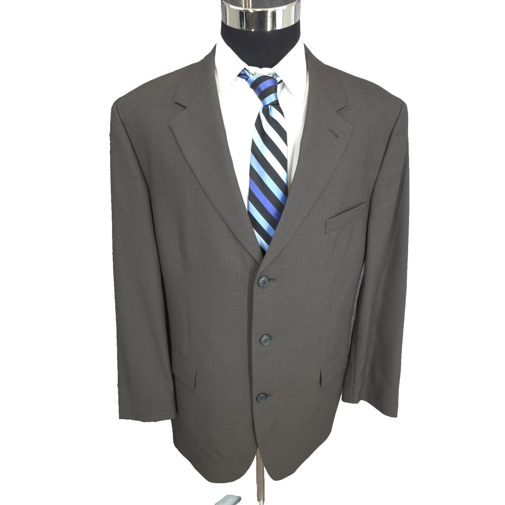 Andrew Fezza Blazer Mens 46L Brown Worsted Wool Houndstooth 3 Button Sports Coat